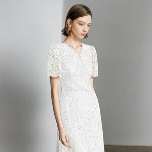 CyperRiver White Summer Dress – Lace Floral Midi, V-Neck, Puff Sleeve, Small